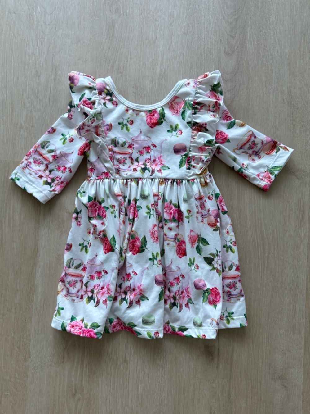 Mila & rose White Floral Ruffle-Trim Dress with Pink Roses